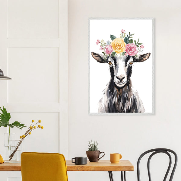Floral Goat Framed Poster – Gift for Animal Lovers - White frame - Wooden Framed Posters
