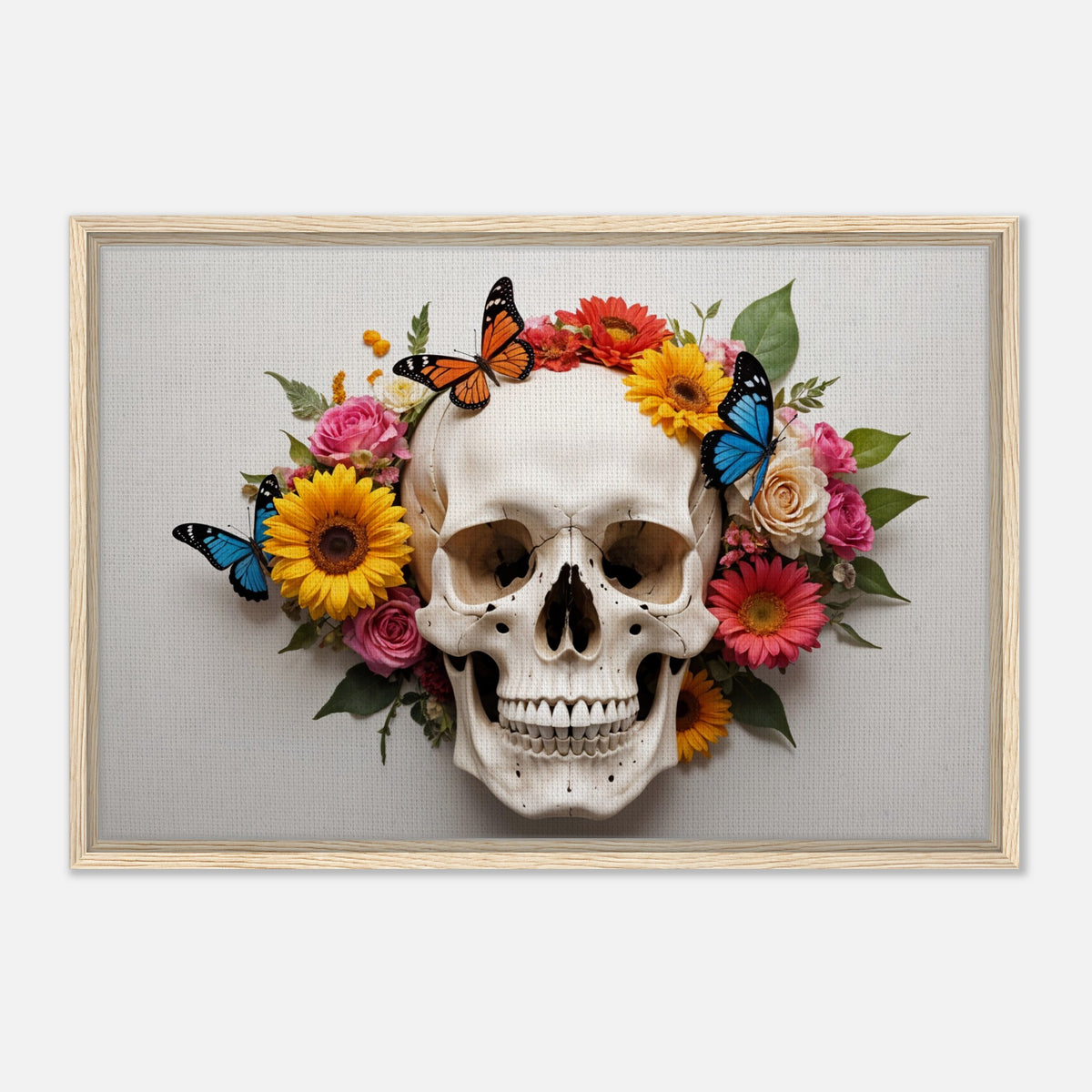 Life and Death - Skull with Vibrant Flowers and Butterflies - 60x90 cm 24x36″ - Framed Canvas