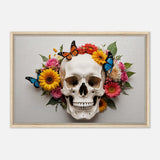 Life and Death - Skull with Vibrant Flowers and Butterflies - 60x90 cm 24x36″ - Framed Canvas