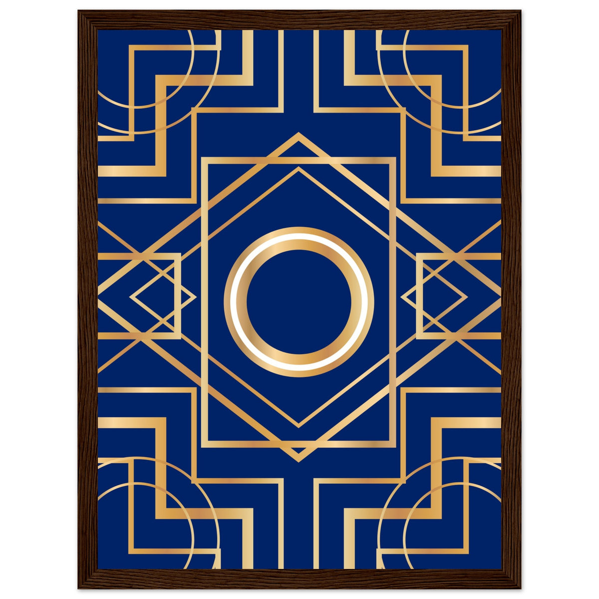 Art Deco Elegance - Blue & Gold Geometric Framed Print - 30x40 cm 12x16″ Dark wood frame - Wooden Framed Posters