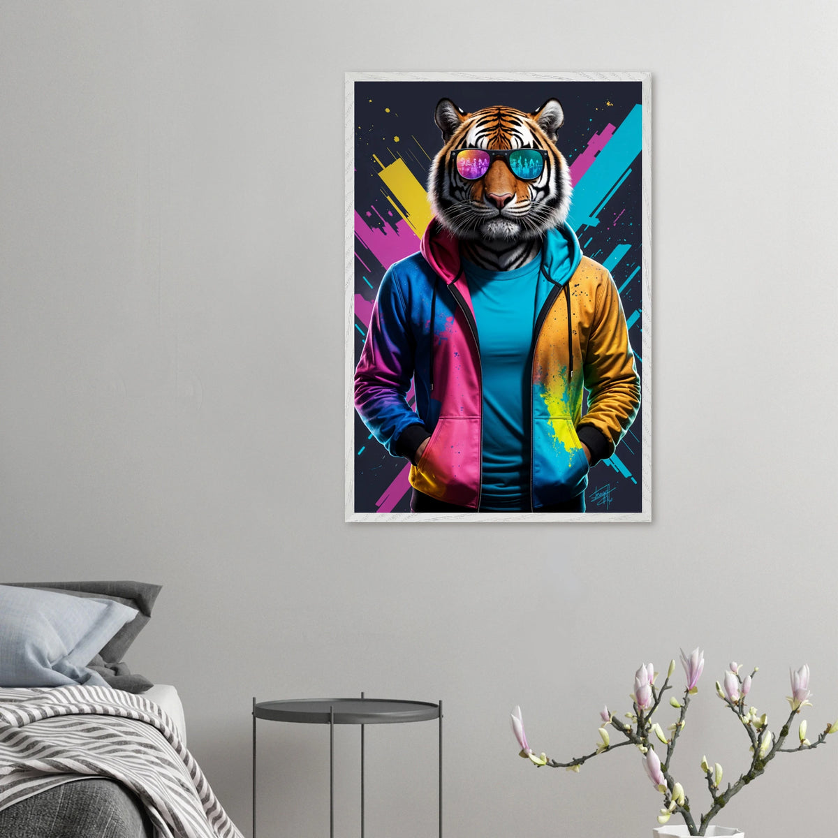 Tiger in Color – Wooden Framed Poster for Him - White frame - Wooden Framed Posters