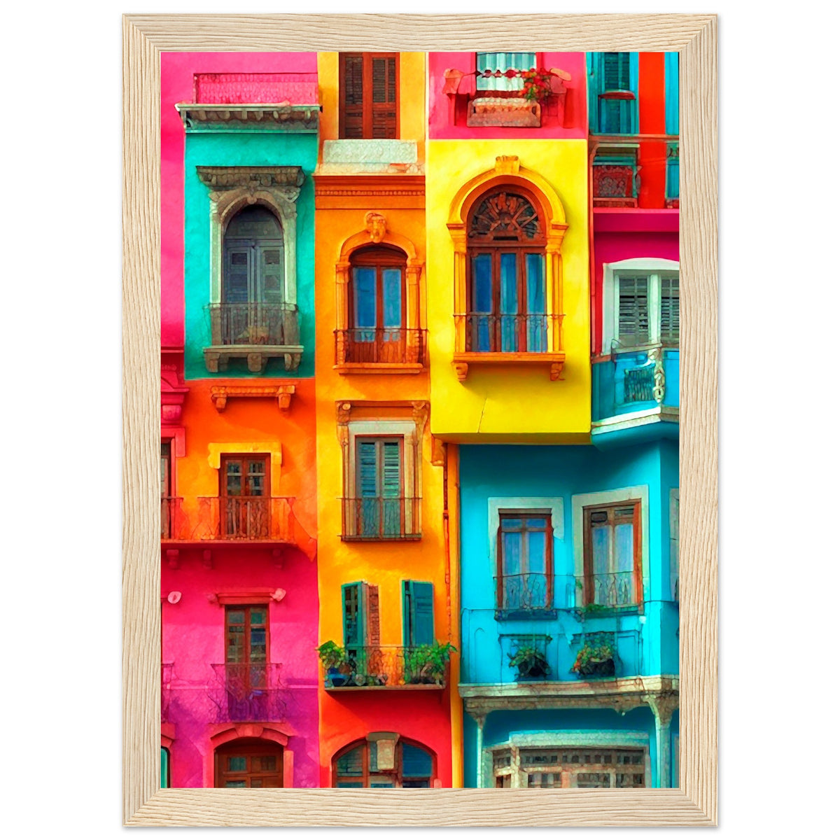 Vibrant Dreams - Colorful Cityscape Art - A4 21x29.7 cm 8x12″ Wood frame - Wooden Framed Poster