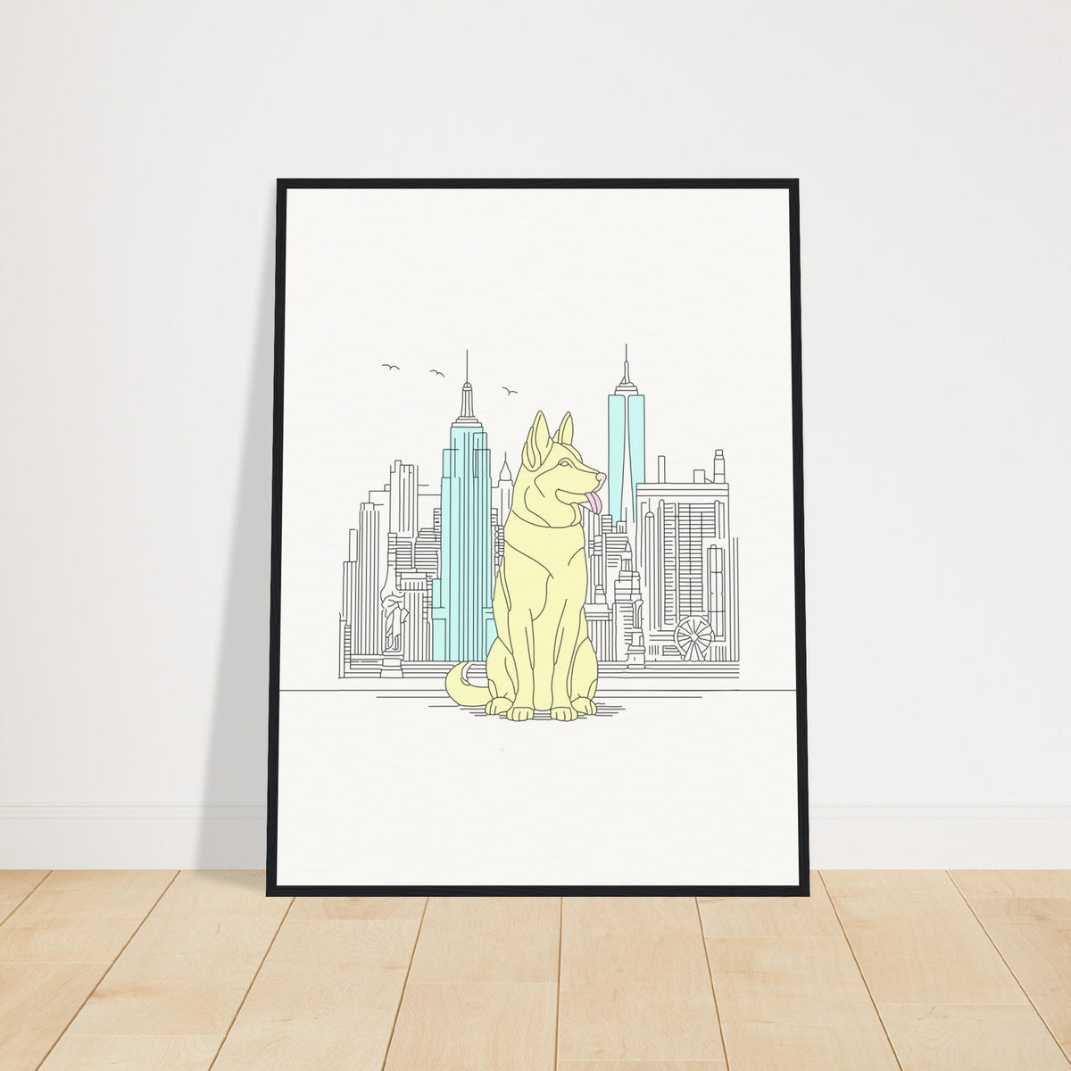 Urban Companion - Dog and Cityscape Art - 60x80 cm 24x32″ Black frame - Wooden Framed Posters