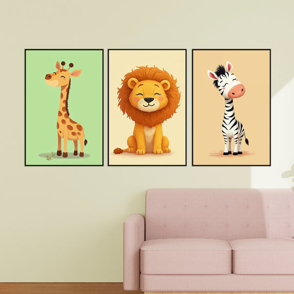 Playful Pals – Zebra, Giraffe & Lion Wall Art Set - - Wooden Framed Posters