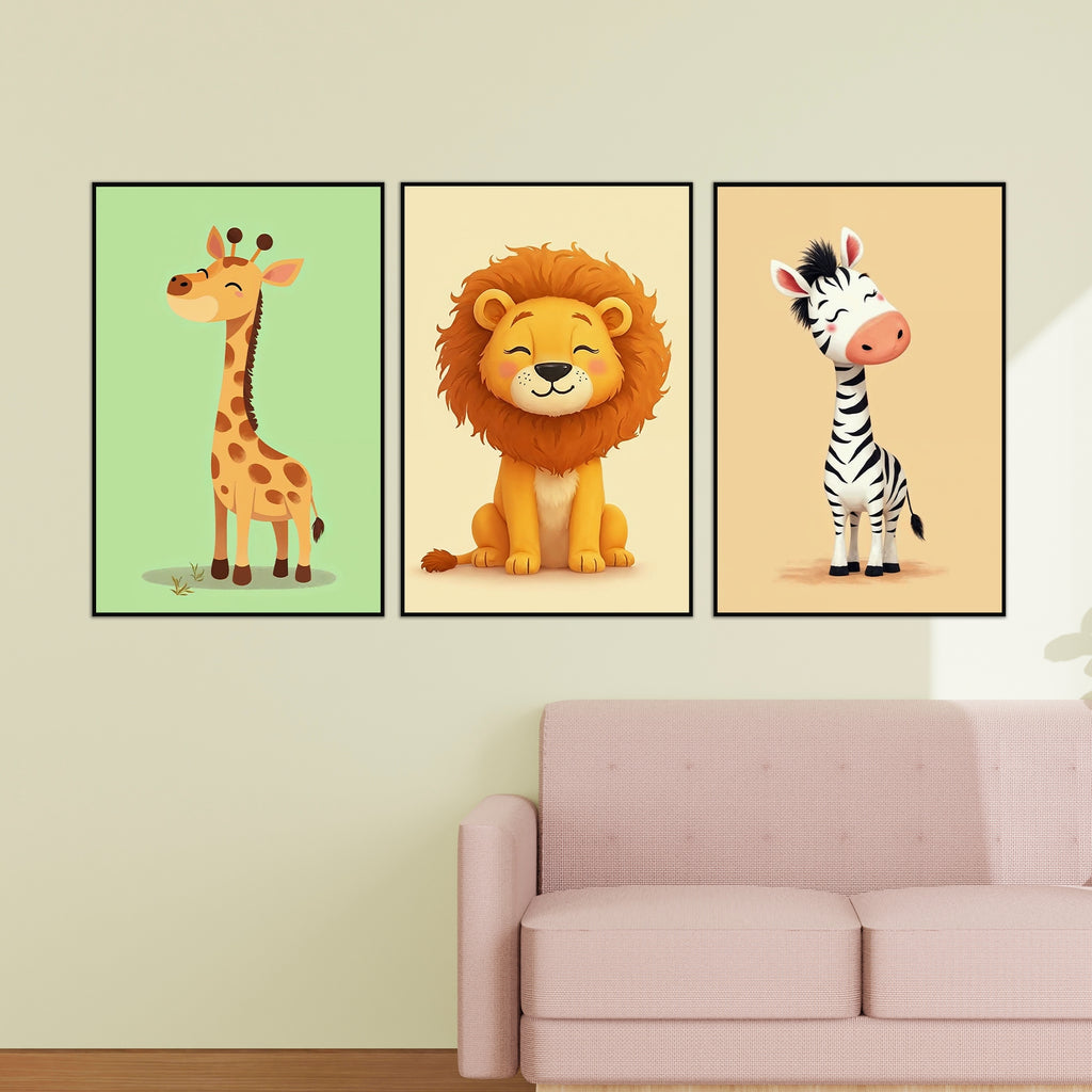 Playful Pals – Zebra, Giraffe & Lion Wall Art Set - - Wooden Framed Posters
