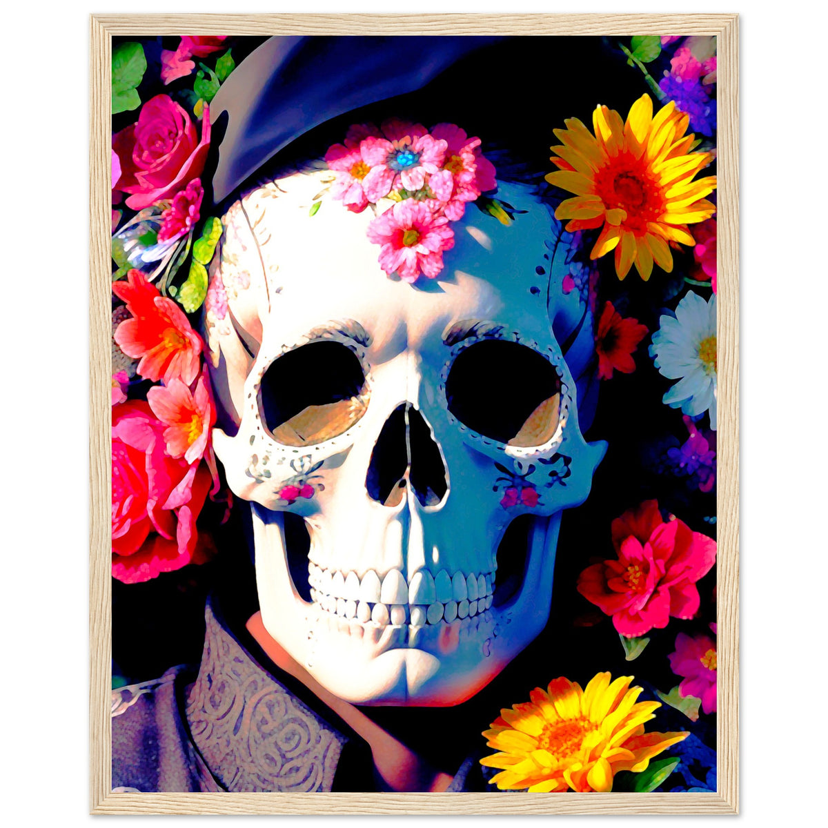 Mystical Bloom - Premium Floral Skull Poster - 40x50 cm 16x20″ Wood frame - Wooden Framed Posters