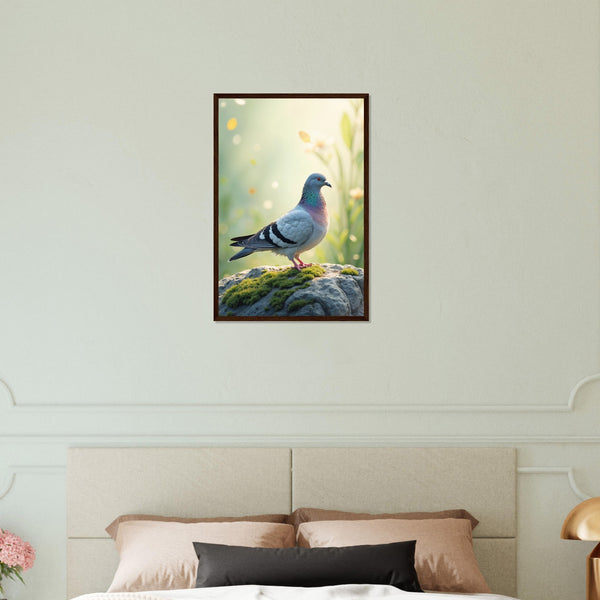 Peaceful Perch - Dove on Mossy Rock Print - 40x60 cm 16x24″ Dark wood frame - Wooden Framed Poster
