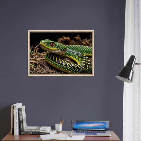 Nature’s Precision - Green Tree Viper Close-Up - - Framed Canvas