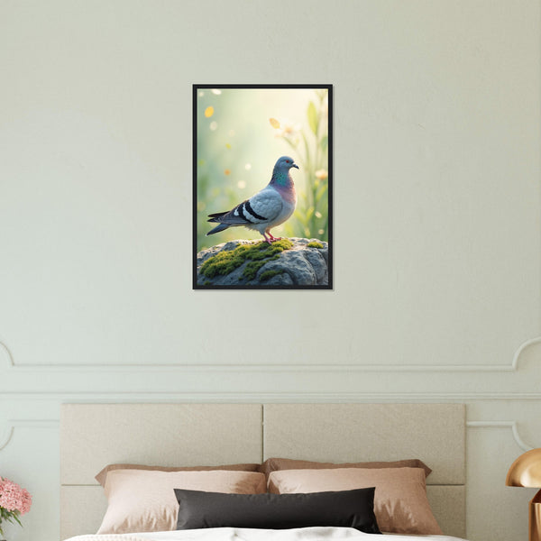 Peaceful Perch - Dove on Mossy Rock Print - 40x60 cm 16x24″ Black frame - Wooden Framed Poster