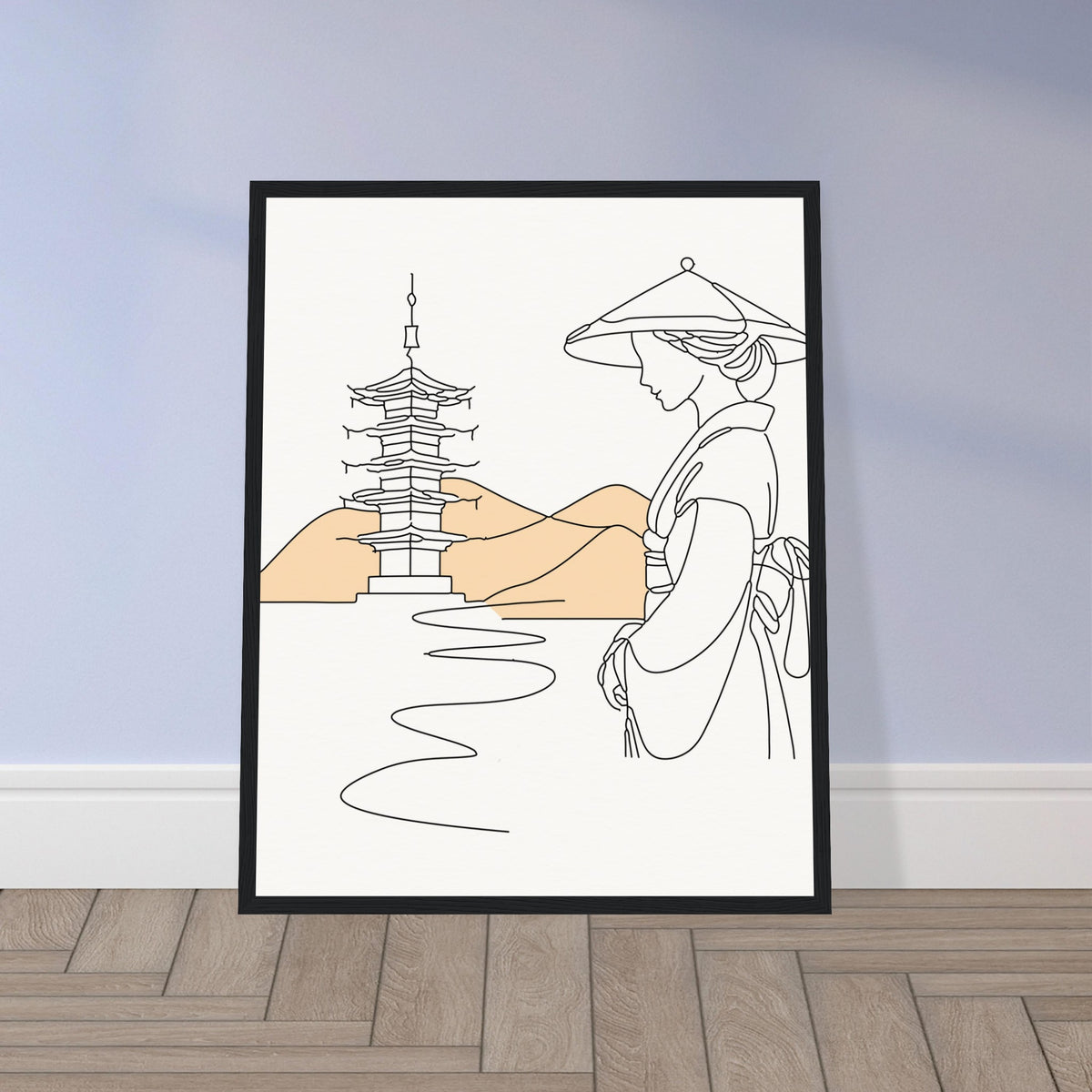 Serene Japanese Elegance - Framed Line Art - - Wooden Framed Posters