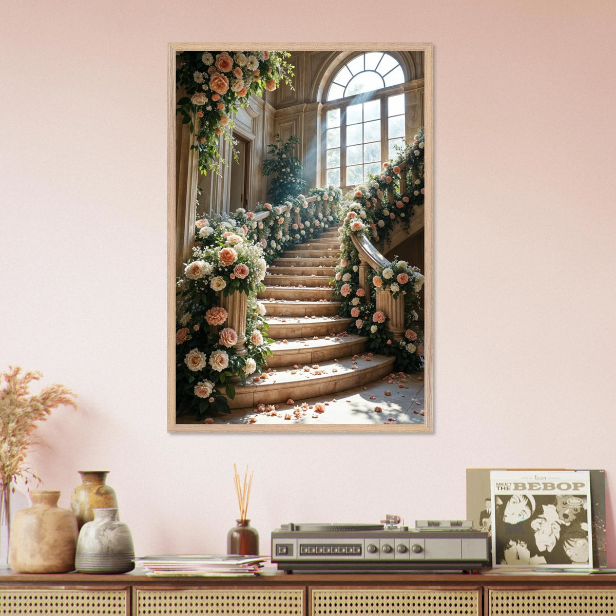 Floral Staircase – Wooden Wall Art - Wood frame - Wooden Framed Posters