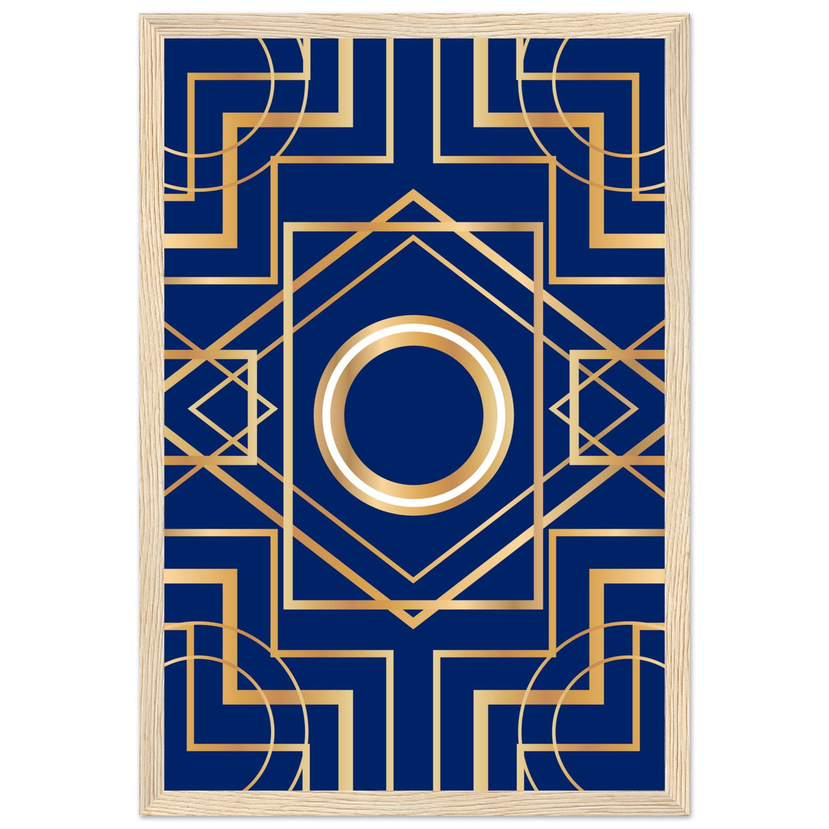 Art Deco Elegance - Blue & Gold Geometric Framed Print - 30x45 cm 12x18″ Wood frame - Wooden Framed Posters