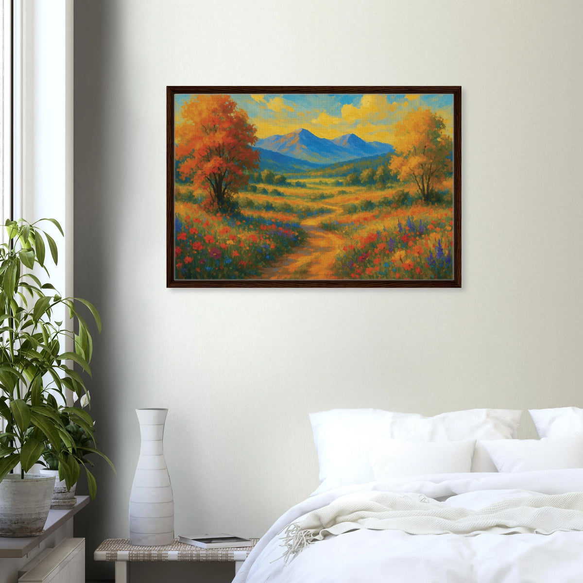 Gift Autumn Peace – Framed Canvas Village Print - Dark wood frame - Canvas