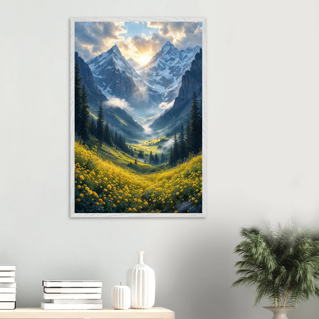 Mountain Glow – Metal Poster for Calm Spaces - White frame - Wooden Framed Posters