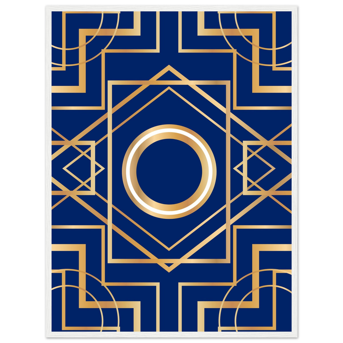 Art Deco Elegance - Blue & Gold Geometric Framed Print - 60x80 cm 24x32″ White frame - Wooden Framed Posters