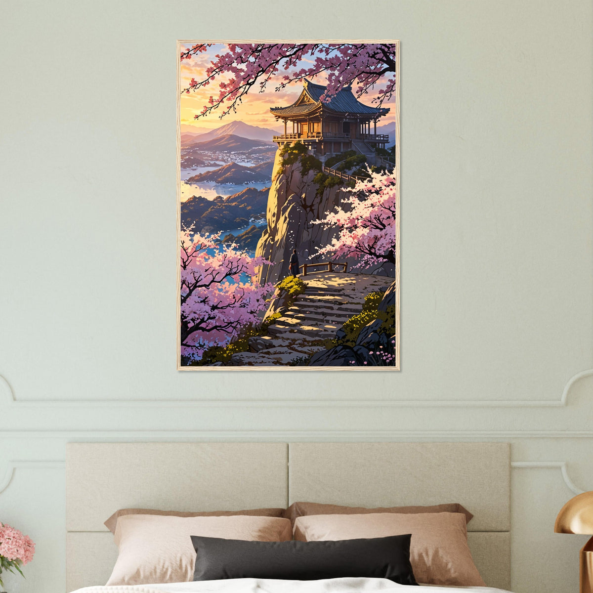 Spring Vista - Temple & Blossoms Wall Art - Wood frame 60x90 cm 24x36″ - Wooden Framed Posters