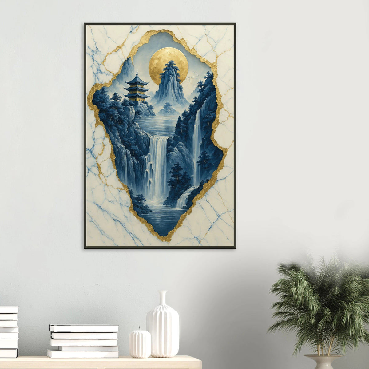 Golden Moonlit Waterfall Scene - Metal Framed Poster Gift - Default Title - Metal Framed Posters