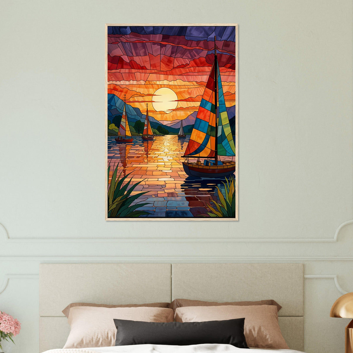 Sunset Sail - Stained Glass Boat Framed Print - Wood frame 60x90 cm 24x36″ - Wooden Framed Posters