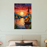 Sunset Sail - Stained Glass Boat Framed Print - Wood frame 60x90 cm 24x36″ - Wooden Framed Posters