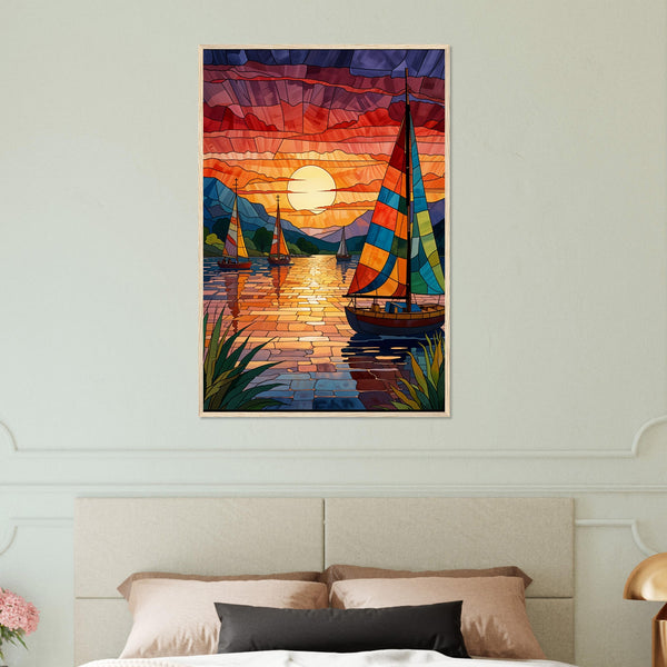 Sunset Sail - Stained Glass Boat Framed Print - Wood frame 60x90 cm 24x36″ - Wooden Framed Posters