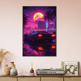 Retro Drive Under Neon Sky – Metal Framed Poster - - Metal Framed Posters