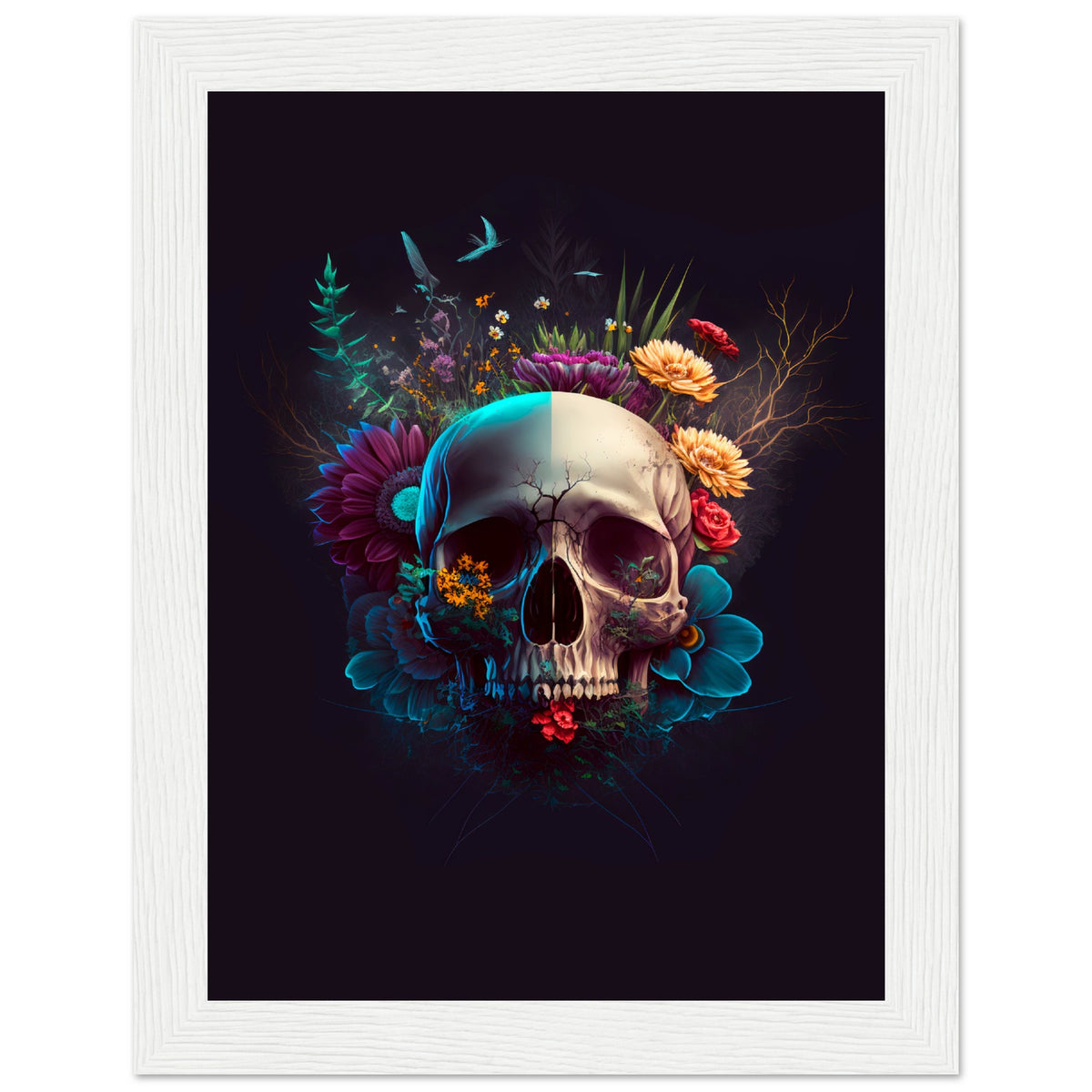 Nature’s Duality - Vibrant Flowers and Skull - 15x20 cm 6x8″ White frame - Wooden Framed Posters