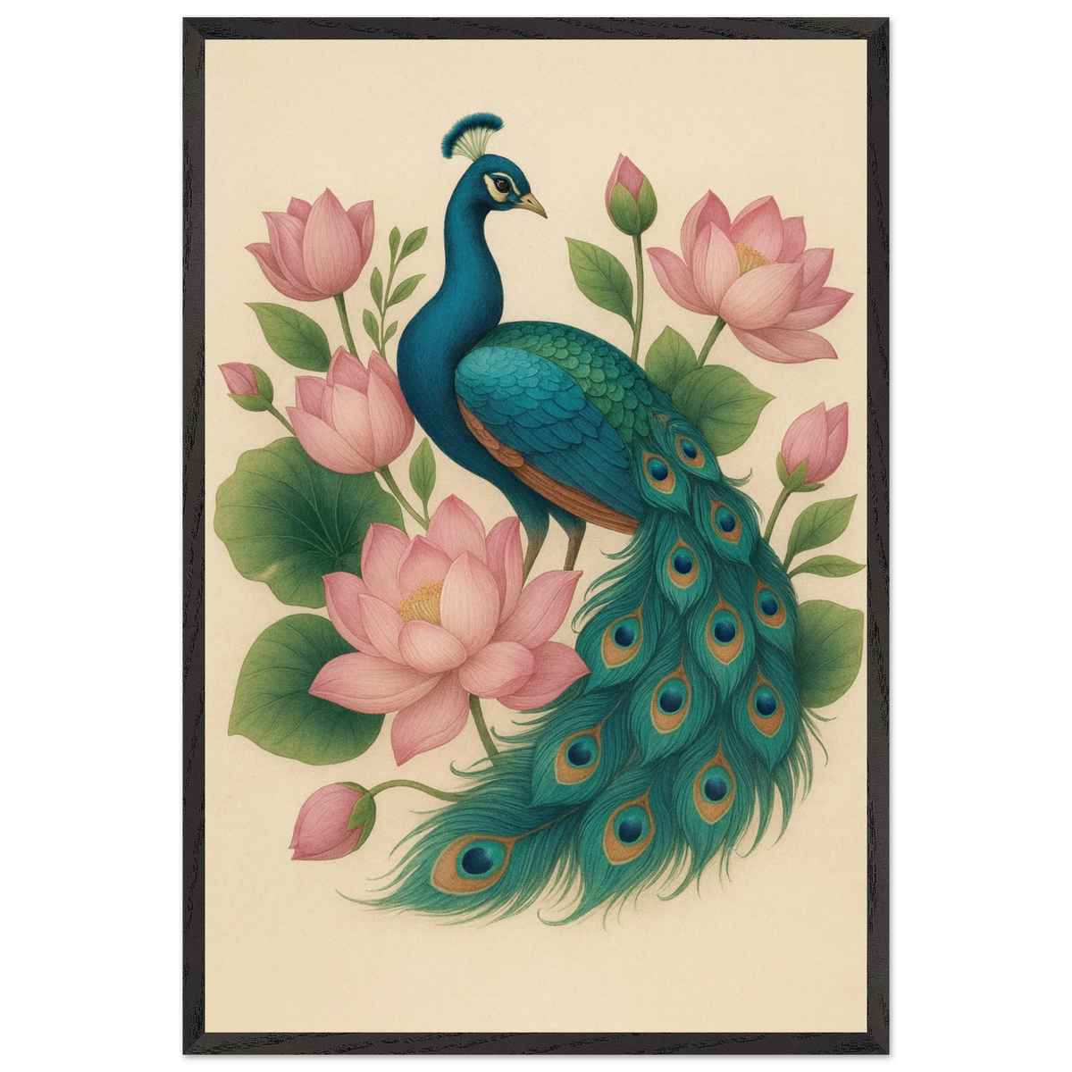 Peacock & Lotus Harmony – Wooden Framed Wall Art Gift - Black frame - Wooden Framed Posters