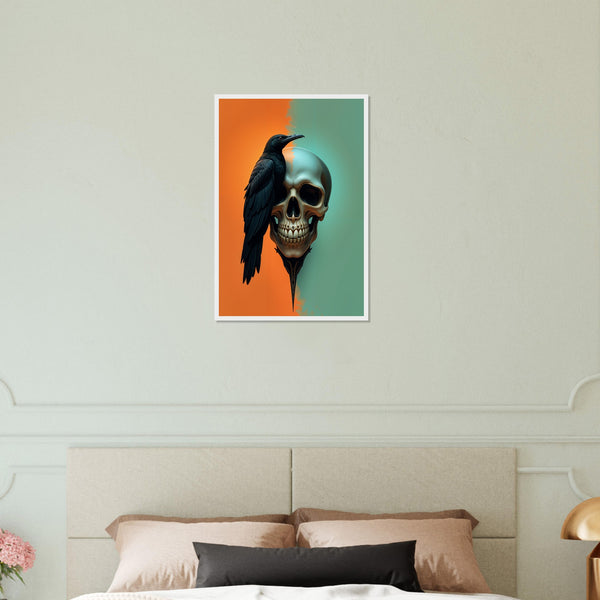 Raven's Requiem - Skull & Crow Framed Print - White frame 40x60 cm 16x24″ - Wooden Framed Posters