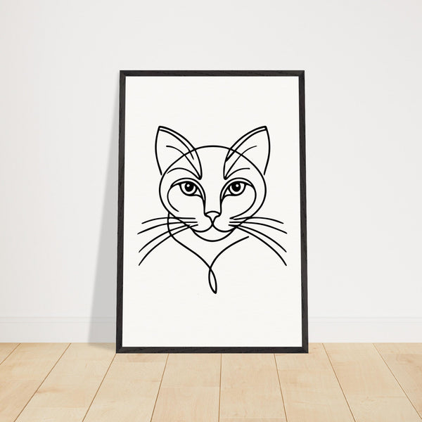 Timeless Cat Line Art - Natural Wood Framed Elegance - - Wooden Framed Posters