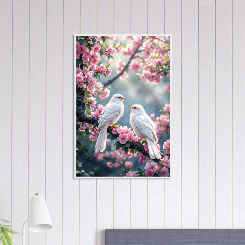 Whispers of Spring - Dove & Blossom Wall Art - White frame 60x90 cm 24x36″ - Wooden Framed Posters