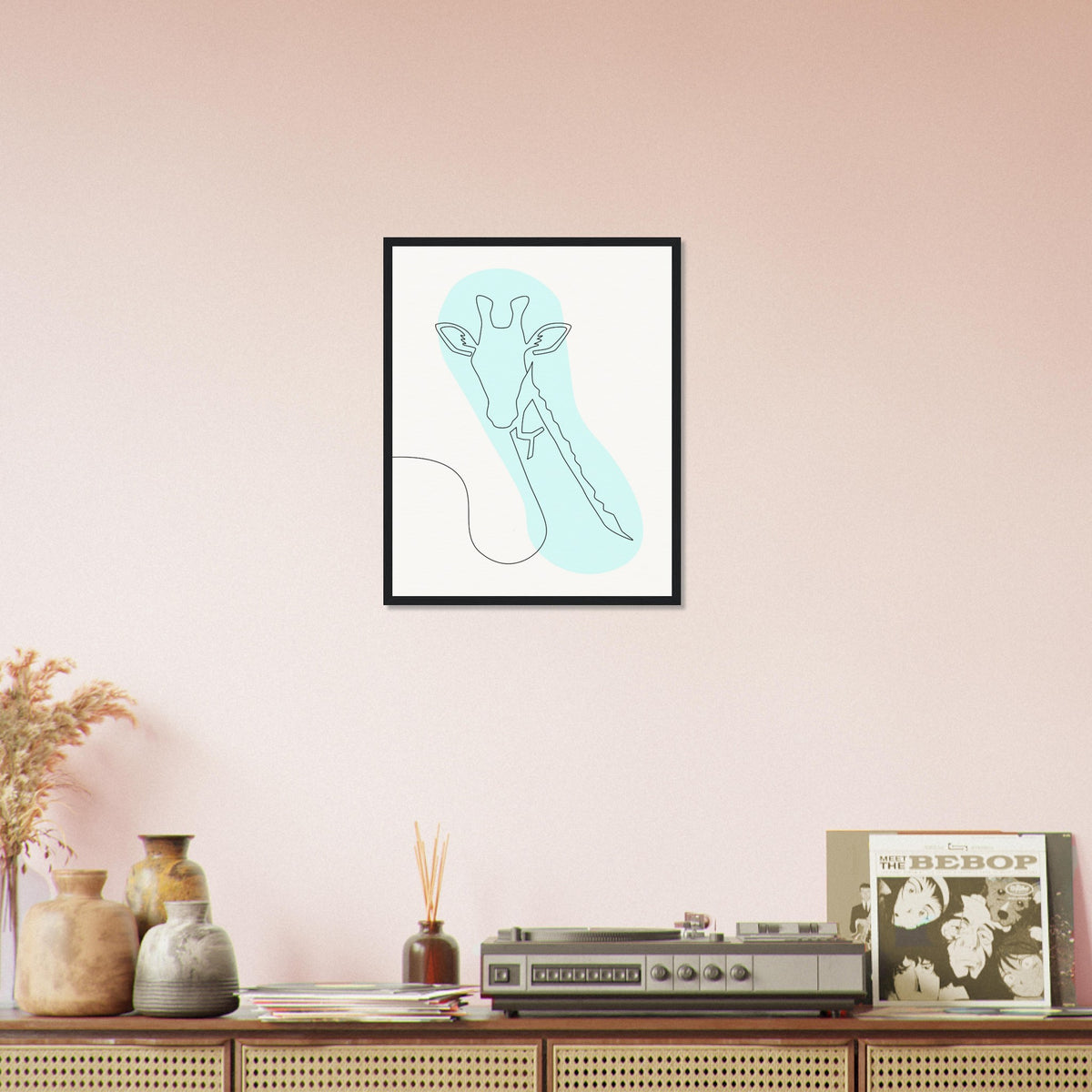 Framed Tranquility - Giraffe Line Art - - Wooden Framed Posters