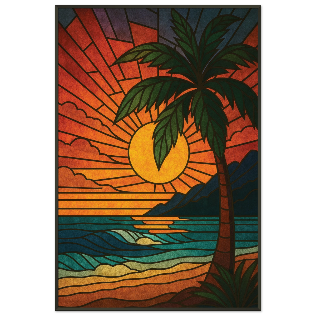 Metal Framed Poster – Stained-Glass Sunset Art - - Metal Framed Posters