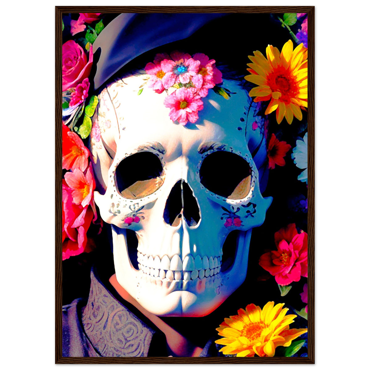 Mystical Bloom - Premium Floral Skull Poster - 50x70 cm 20x28″ Dark wood frame - Wooden Framed Posters