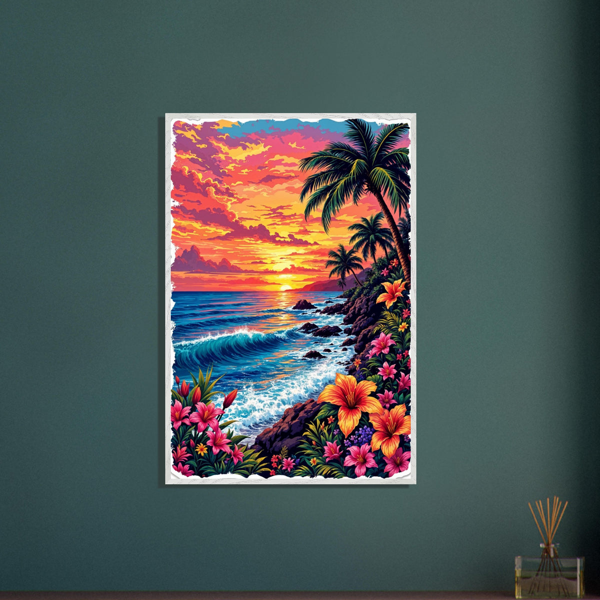 Ocean Waves & Paradise Flowers - A Sunset Dream - - Framed Posters