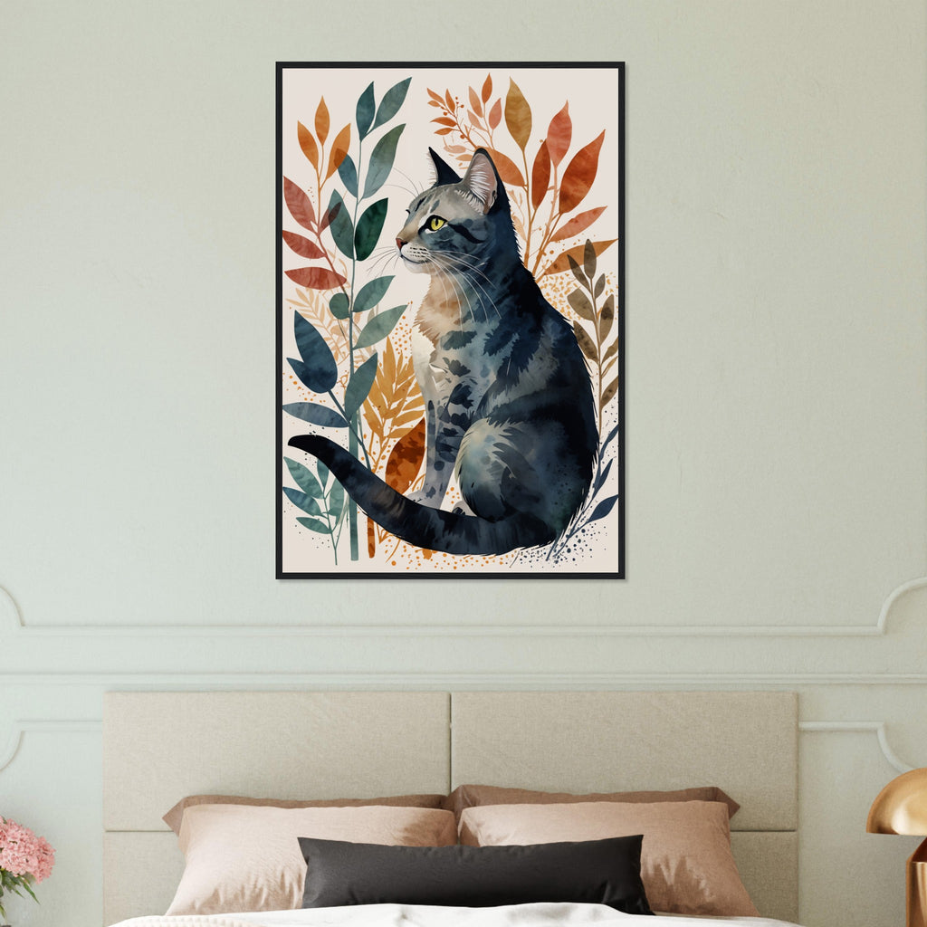 Contemplative Cat - Framed Watercolor Portrait - Black frame 60x90 cm 24x36″ - Wooden Framed Posters