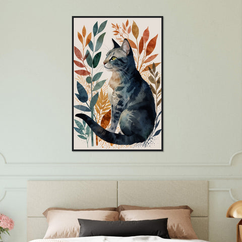 Image of Contemplative Cat - Framed Watercolor Portrait
