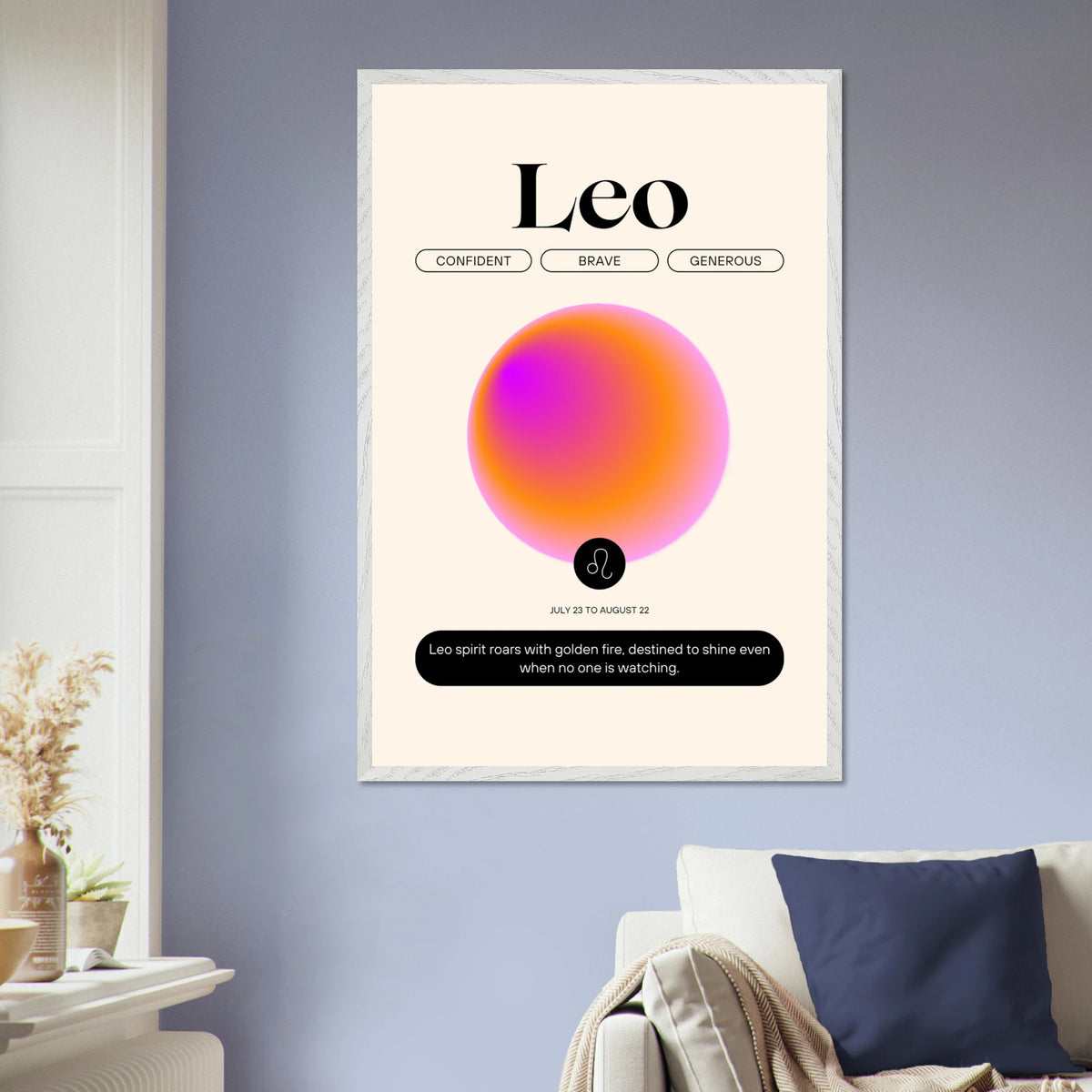 Zodiac Wall Art Framed Poster for Astrology Lovers - White frame Leo - Wooden Framed Posters