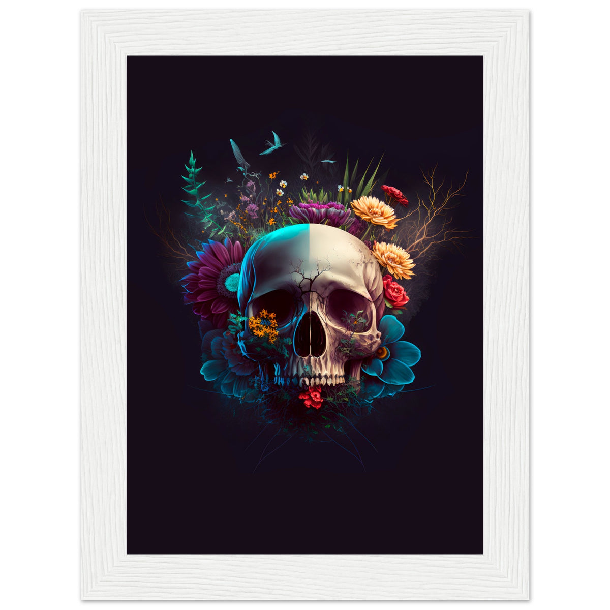 Nature’s Duality - Vibrant Flowers and Skull - 13x18 cm 5x7″ White frame - Wooden Framed Posters