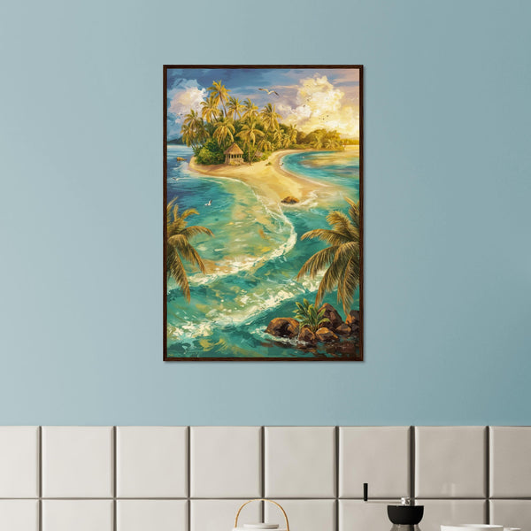 Island Paradise Beach Scene Art Print - Dark wood frame 60x90 cm 24x36″ - Wooden Framed Posters