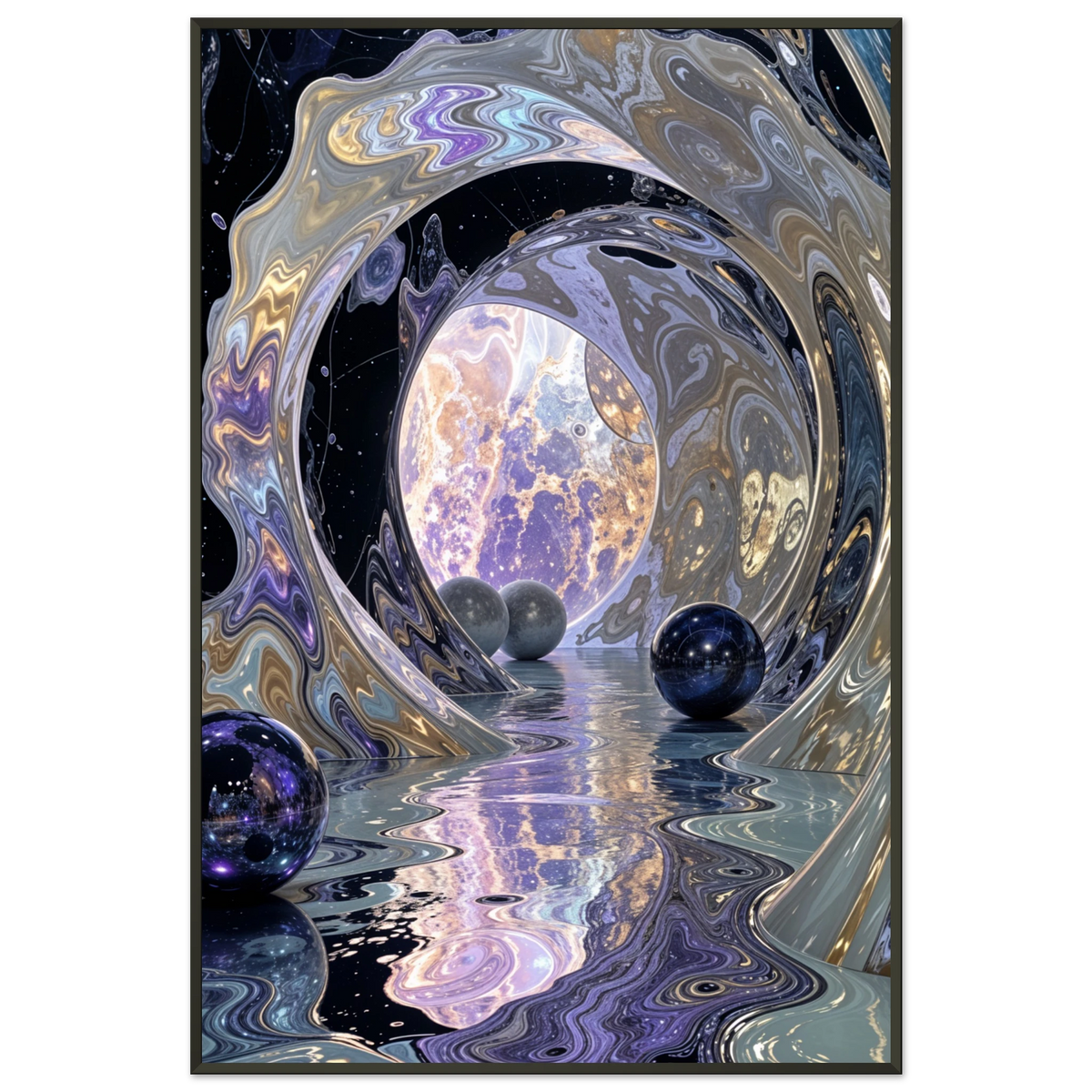 Celestial Dreamscape - Abstract Moon & Spheres Poster - - Metal Framed Posters