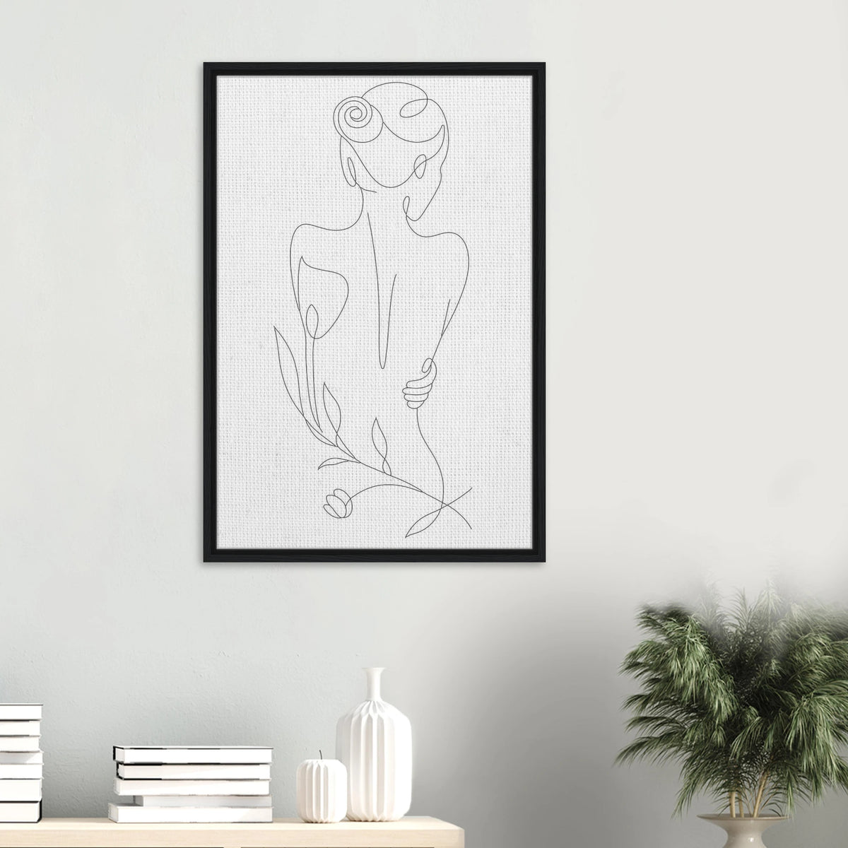 Botanical Grace – Line Art Woman Framed Canvas - Black frame - Canvas