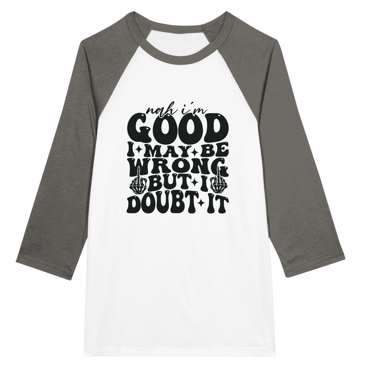 Doubtful Confidence - Unisex 3/4 sleeve Raglan T-shirt - White and Asphalt - T-shirts