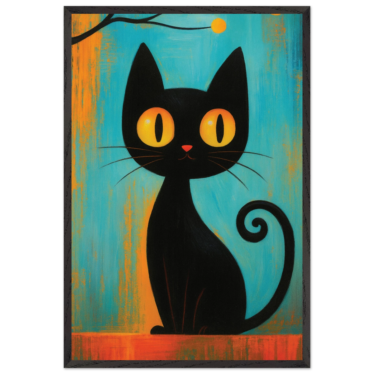 Retro Black Cat Art Print – Playful Wooden Frame Poster - Black frame - Wooden Framed Posters