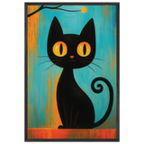Retro Black Cat Art Print – Playful Wooden Frame Poster - Black frame - Wooden Framed Posters