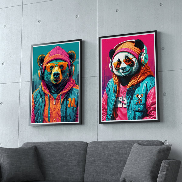 Hipster Beats - Bear & Panda - 24x36 - Framed Posters