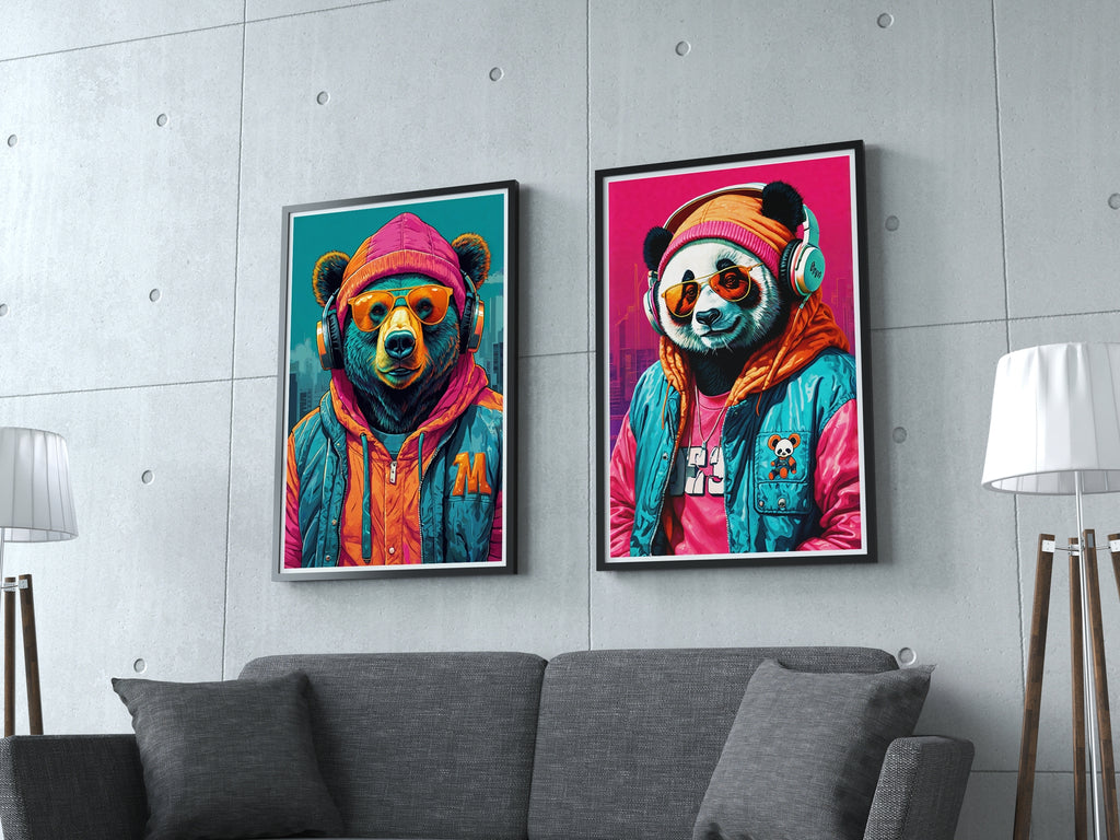 Hipster Beats - Bear & Panda - 24x36 - Framed Posters