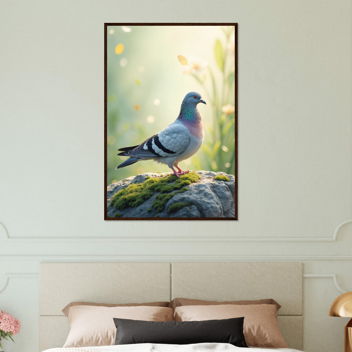Peaceful Perch - Dove on Mossy Rock Print - 60x90 cm 24x36″ Dark wood frame - Wooden Framed Poster