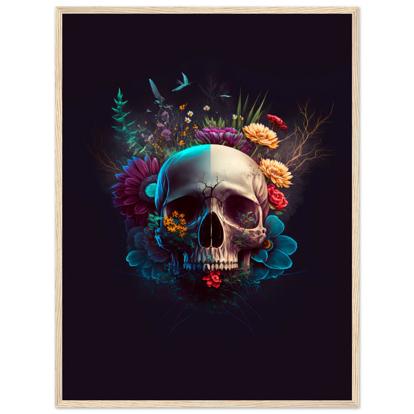 Nature’s Duality - Vibrant Flowers and Skull - 60x80 cm 24x32″ Wood frame - Wooden Framed Posters