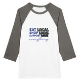 Support Local - Unisex 3/4 Sleeve Raglan Tee - White and Asphalt -