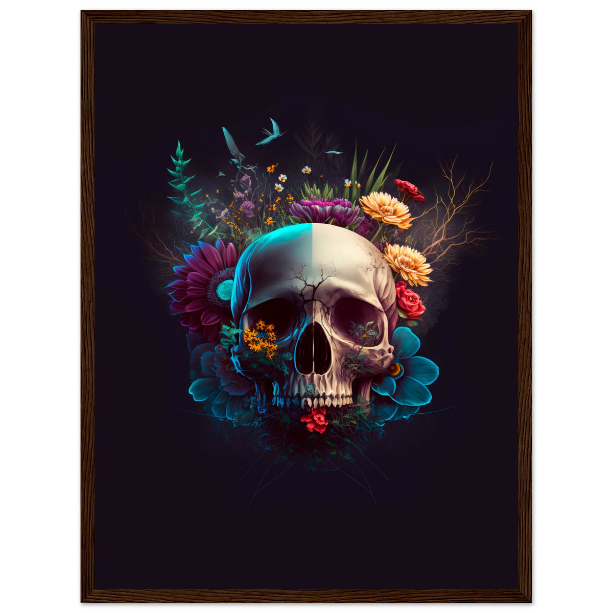 Nature’s Duality - Vibrant Flowers and Skull - 45x60 cm 18x24″ Dark wood frame - Wooden Framed Posters